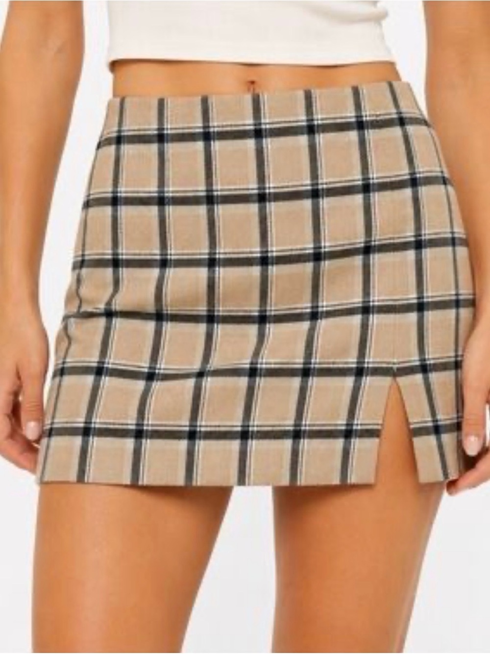 NWOT Wilfred Beige Plaid Tartan Mini Skirt with Front Slit